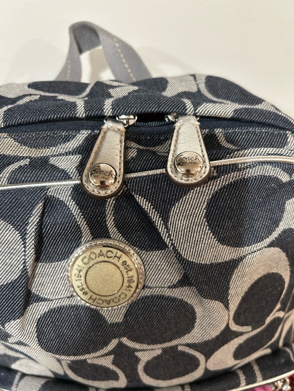 Coach Denim Poppy Signature Silver Stripe Backpack EUC - Picture 5 of 12